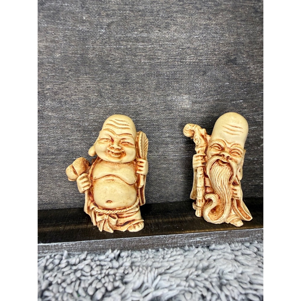 Vtg Asian Laughing Buddha & Immortal
Figurines Faux Ivory Resin Pair Hand Carved